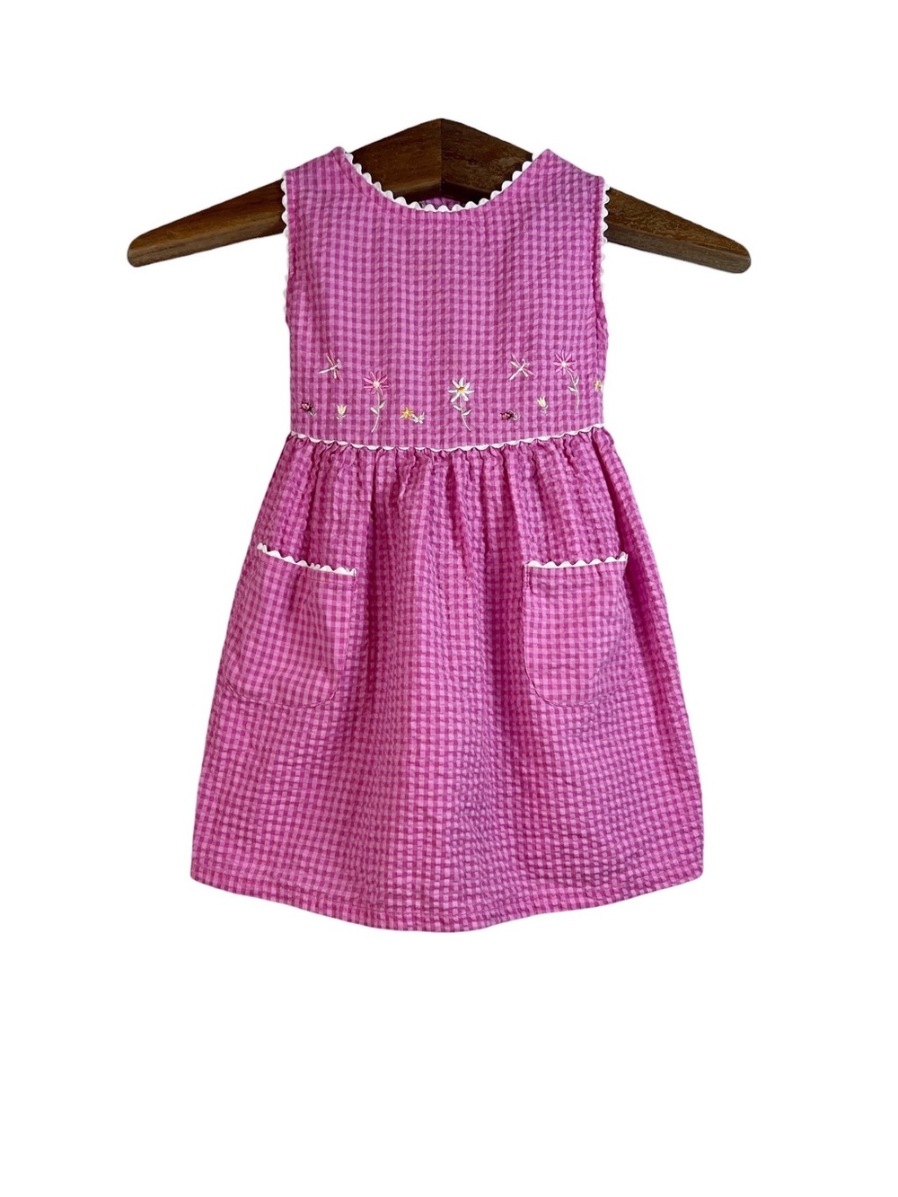 Vintage Thomas Girls Pink Gingham Floral Embroidered Dress Size 4T Preppy